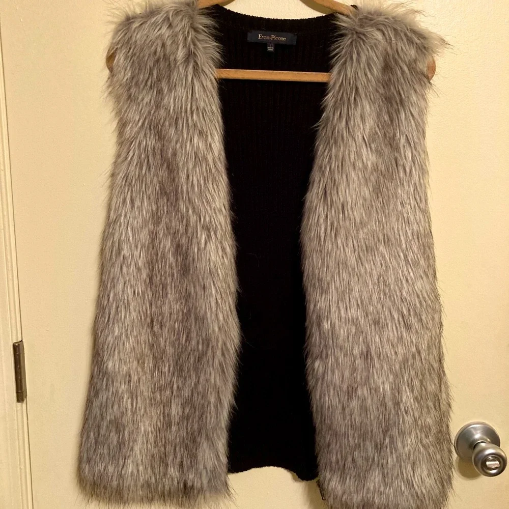 Evan Picone Faux Fur Zip Front Sweater Back Knit Vest Black Luxe Layering EUC L - Picture 1 of 6